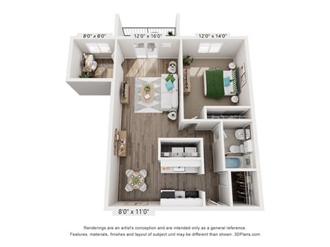 Floor plan for 1 bed, 1 bath, 870 sqft